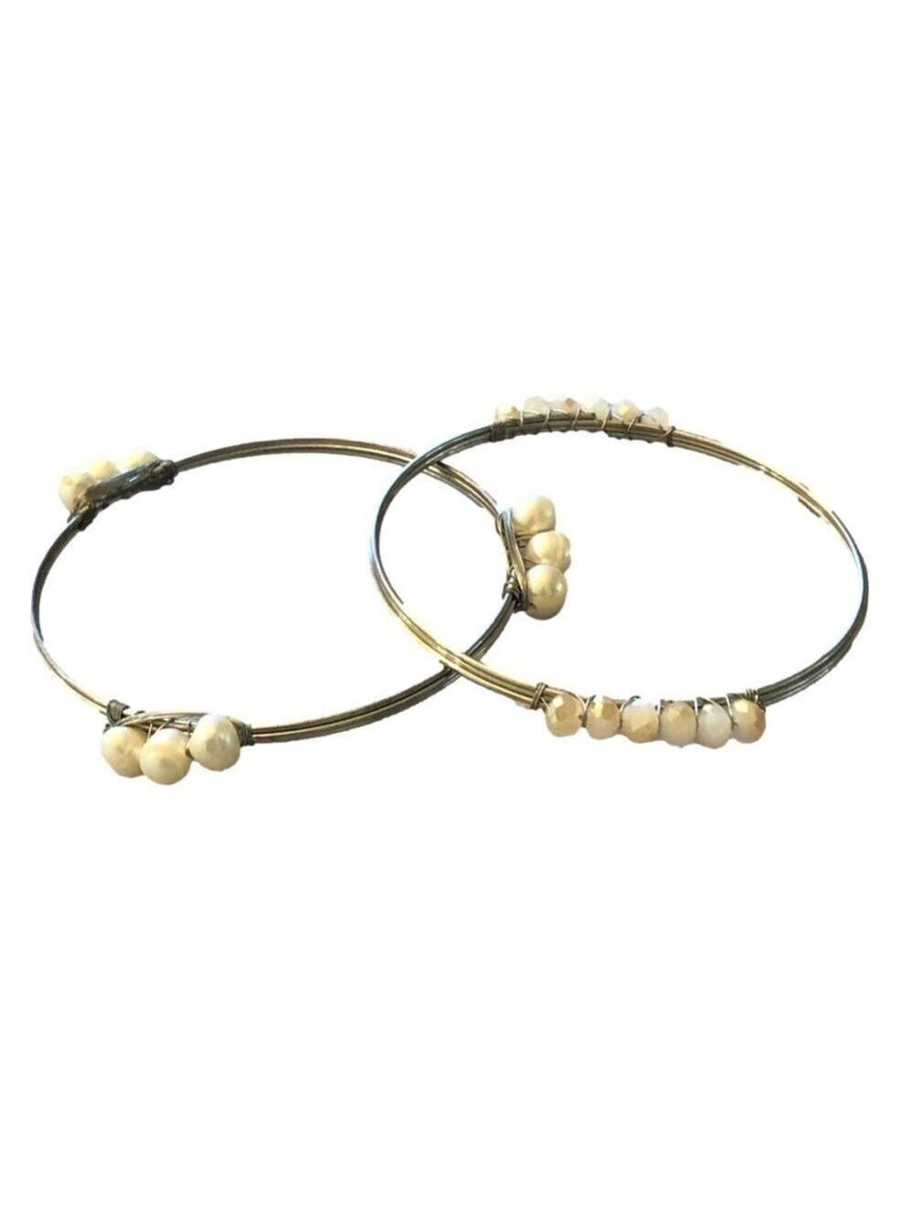 HANDCRAFTED bangle bracelets 2 silver tone wire bands faux stones and Pearls